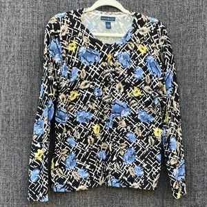 Karen Scott long-sleeved cardigan, size XL, black,white,blue,yellow,tan print